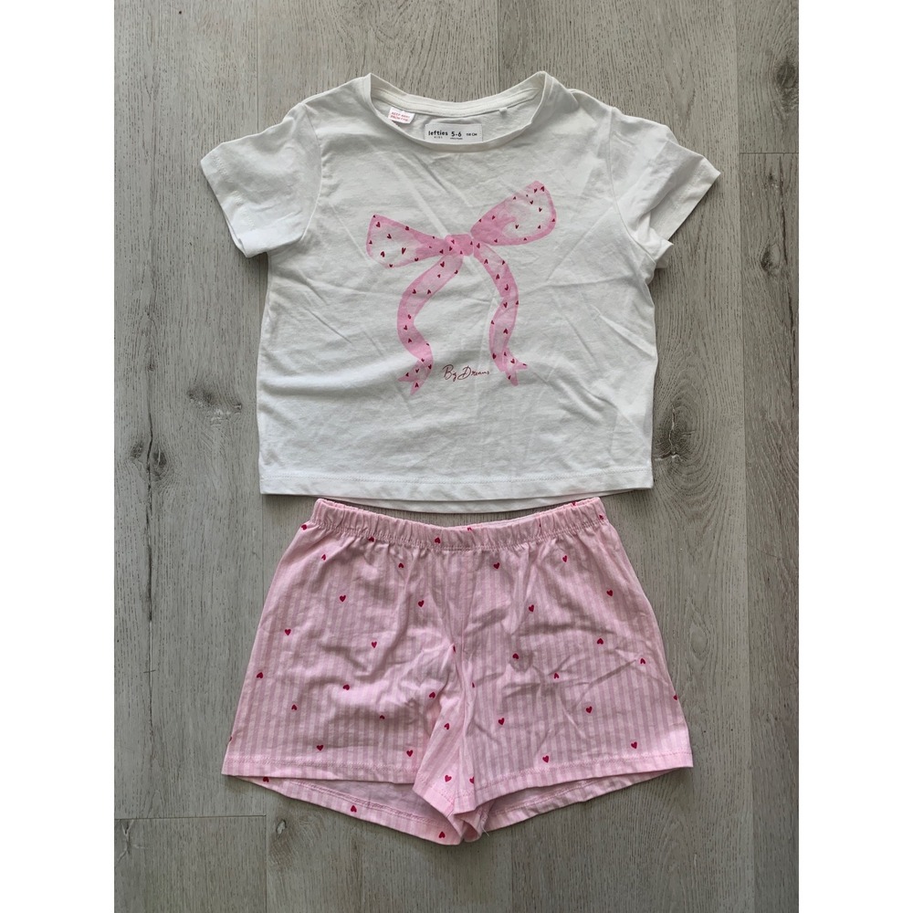 Lefties Kids Pink Heart‎ Bow Pajama Set Shorts Tee Mismatched Size 5-6 7-8